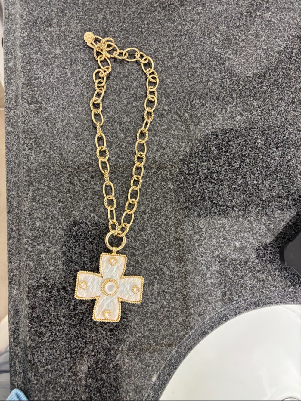 Gold-Tone Cross Pendant Necklace with White Inlay - Large Cross